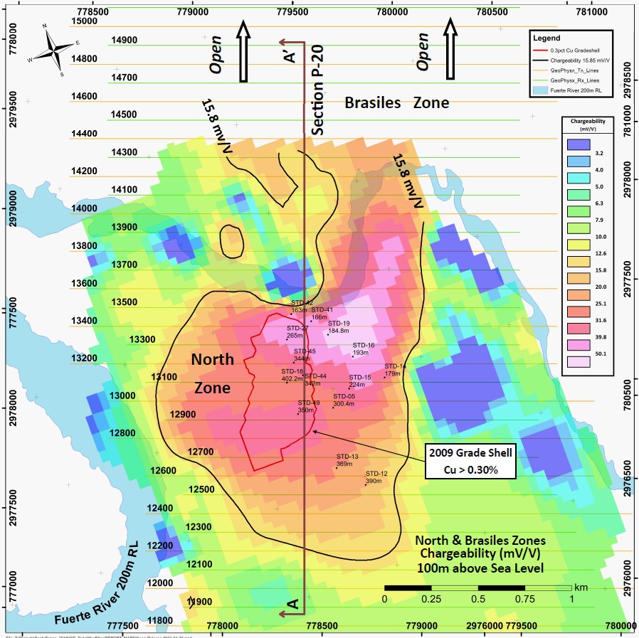 Level Plan view at 100 m elevation above RL (“Reference Level,” mean sea level) through the North Zone and southern Brasiles Zone, Santo Tomas project, illustrating the continuity of the preliminary inversion model of chargeability from North Zone to Brasiles Zone.